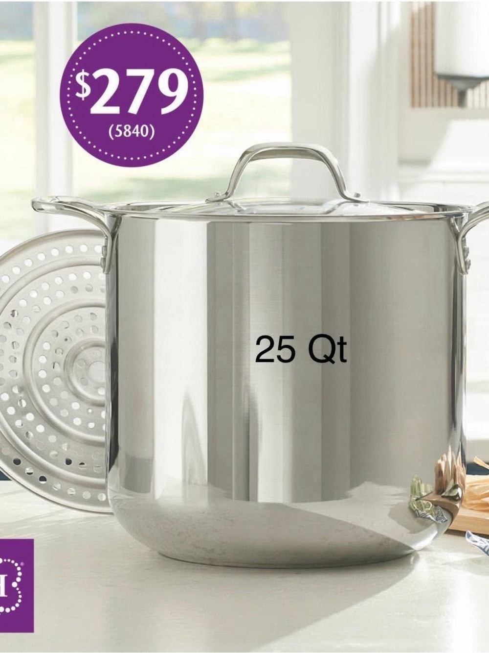 Princess House Stainless Steel 25 Qt Stockpot with Steamer - Silver